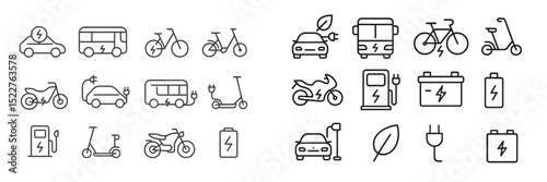 Collection of electric transportation icons illustrating various vehicles and charging options in a minimalist style