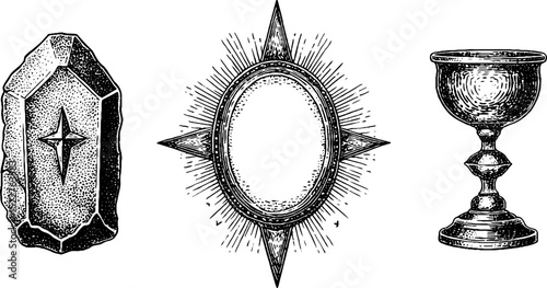 Engraved illustration set featuring runic keystone chalice and compass design for graphic projects