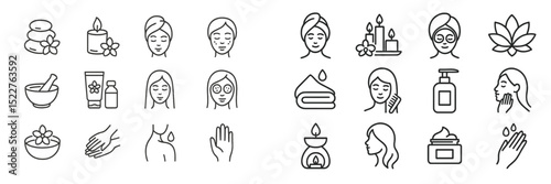 Wellness icons illustrating spa treatments, relaxation rituals, and beauty care essentials in a minimalist and modern design