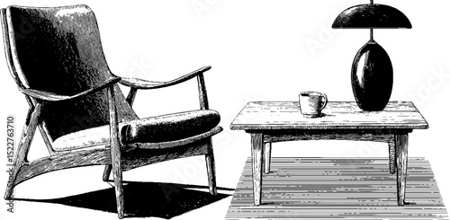 Engraved illustration of a scandinavian lounge with armchair, table, and lamp