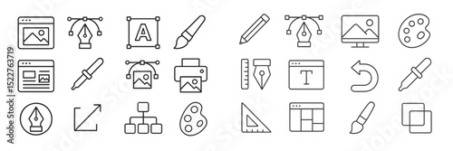 Creative design elements and tools represented as line icons for graphic design projects
