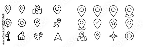 Set of location markers and icons for mapping applications displayed on a simple background