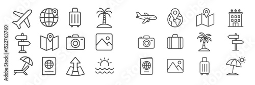 Icons representing travel concepts, including transportation, destinations, and travel essentials