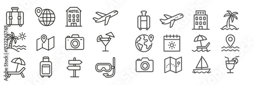 Travel icons representing various vacation elements such as beaches, hotels, and activities for planning trips