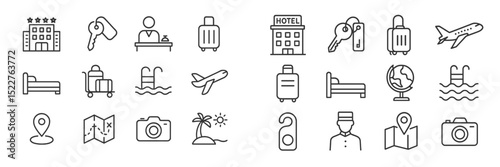 Icons representing travel, accommodation, and leisure activities in a simple and modern design