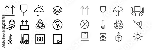 Icons representing various safety and logistics symbols for shipping and handling in a clean and modern style