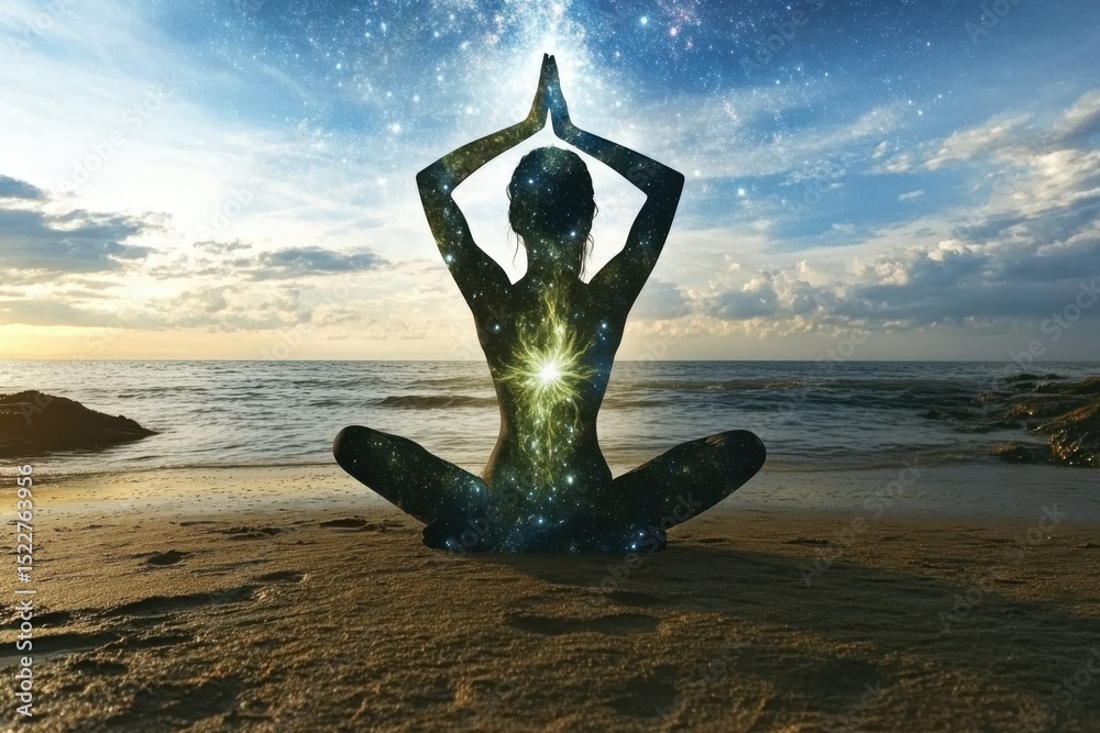 custom made wallpaper toronto digitalWoman in yoga asana pose with starry sky. Sea background. Concept of calm, nirvana, meditation.