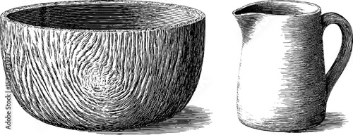 Vintage engraved illustration of shaker wooden bowl and pitcher design