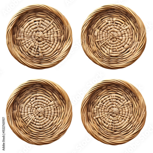 A set of four handcrafted wicker plates, perfect for serving appetizers, salads, or desserts at gatherings and events.