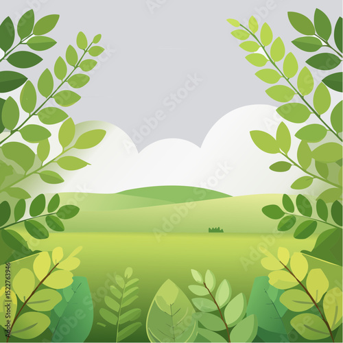 A vibrant illustration of a scenic landscape featuring lush green foliage framing a serene meadow and rolling hills under a cloudy sky