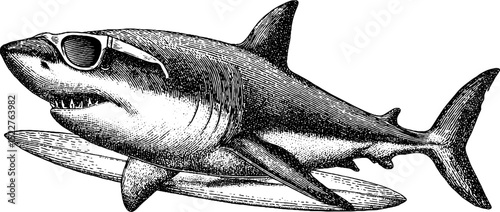 Engraved illustration of a shark wearing sunglasses with a surfboard motif