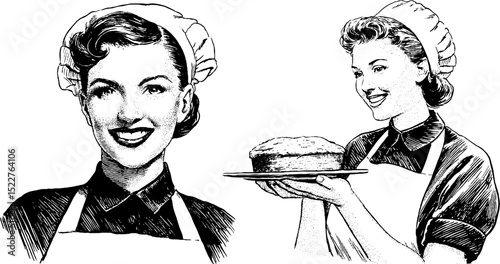 Vintage engraved illustration of smiling female bakers with aprons and freshly baked cake