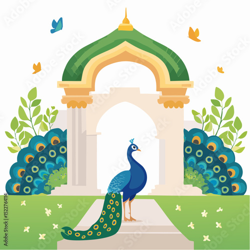 A vibrant illustration showcasing a peacock standing elegantly in front of an ornate architectural structure, surrounded by lush greenery and whimsical butterflies.