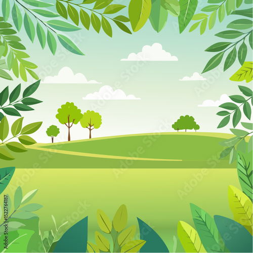 A vibrant illustration showcasing a serene landscape with lush green foliage framing a picturesque view of rolling hills and trees under a bright sky.