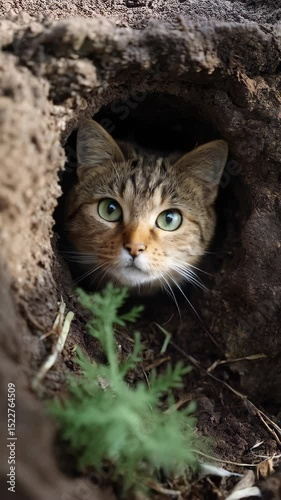 Wallpaper Mural Close-up of a tabby cat peering out of a dirt hole with green eyes and white whiskers outdoors Torontodigital.ca