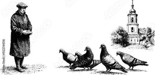 Vintage engraved scene of man feeding pigeons near historic church for educational design