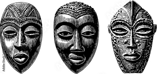 Traditional tikar ceremonial mask set engraved illustration for cultural design and decor
