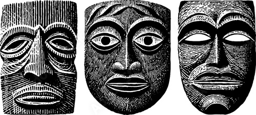 Tikar ceremonial masks engraved illustration set for cultural art and design projects