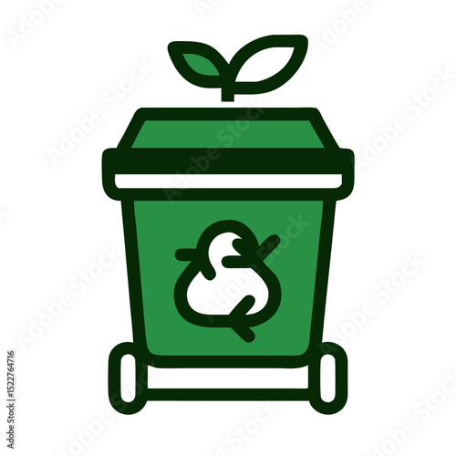 Green compost bin with recycling symbol and plant on top  