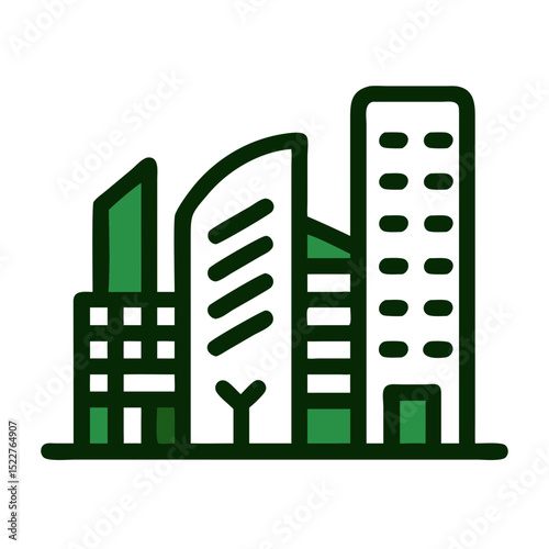 Green city skyline illustration with modern buildings in outline style  