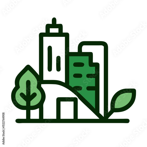 Modern green city skyline with buildings and trees in minimalist style  