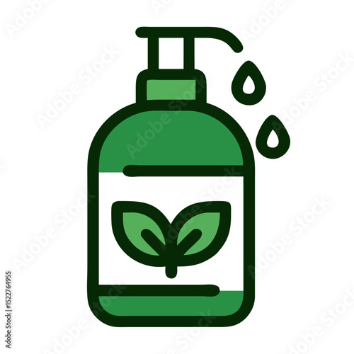 Green natural shampoo bottle with pump and leaves design