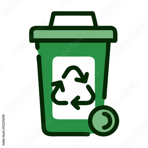 Green recycling bin with circular logo and lid for waste disposal  