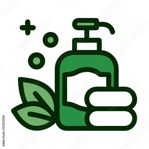 Green bottle of vegan soap with leaves and bubbles in a minimal design  