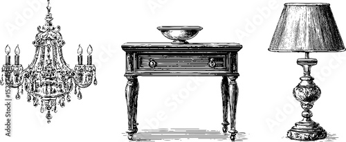 Elegant victorian chandelier, table, and lamp engraving set for interior design concepts