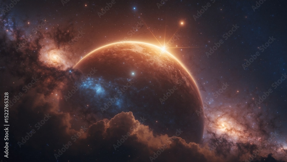 Fototapeta premium Revealing rocky planet rising above nebula clouds in space, with bright star and spiral galaxies