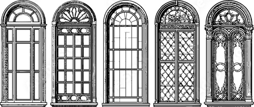 Victorian window designs engraved illustration set for historical architecture and design projects