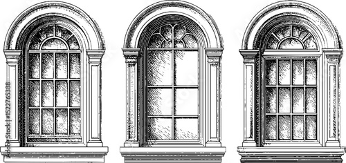 Intricate victorian windows engraving set for historical architectural design
