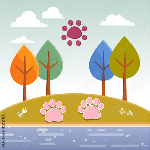 Delightful illustration featuring a whimsical landscape with colorful trees, adorable paw prints, and a scenic water body under a serene sky.