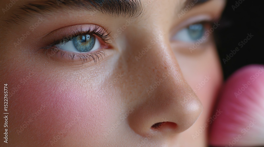 Naklejka premium authentic daily beauty Close-up of a young woman's face showcasing natural beauty, radiant skin, and mesmerizing blue eyes.