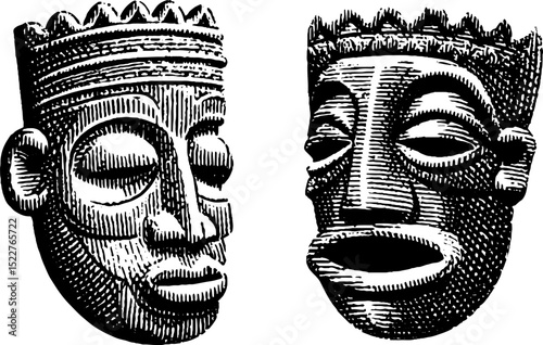 Traditional yoruba and igbo masks engraving for cultural celebration design