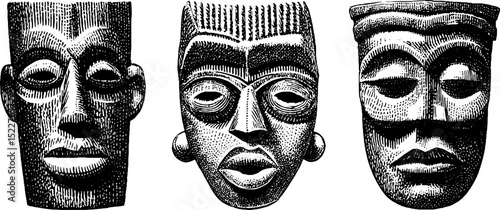 Traditional yoruba and igbo masks engraving set for cultural and artistic design