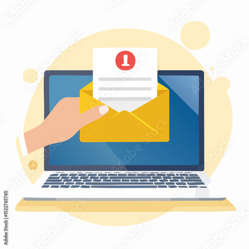 Illustration of a hand opening an email envelope on a laptop screen, representing a new message notification with a number one alert.
