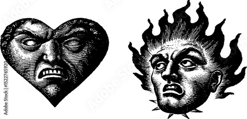 Engraved art of angry faces with heart and flaming designs
