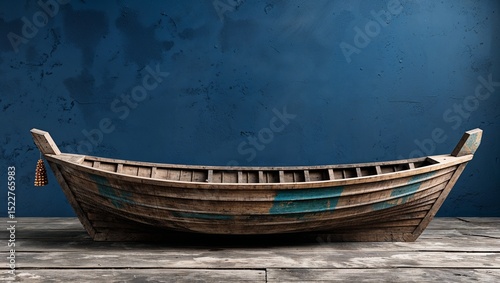 Resting wooden rowboat displaying weathered hull on plank floor, against blue wall with tassel photo