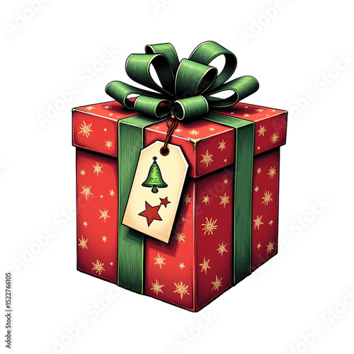 Festive Christmas Gift Illustration Red Box with Green Ribbon Bow and Holiday Tag on Black stylized