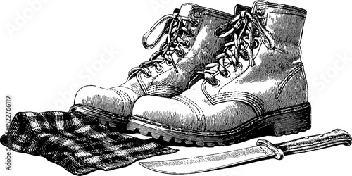 Vintage engraving of combat boots with razor and cloth for classic design inspiration