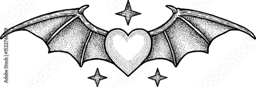 Engraved gothic heart with devil tail and wings for tattoo art design