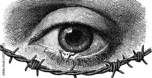 Surreal engraving of crying eye with barbed element detailing emotion