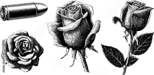 Engraved set of diy patches with roses and bullet design for craft projects