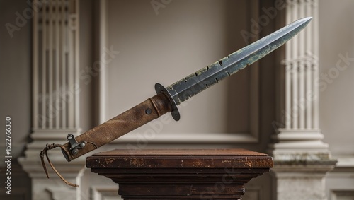 Displaying metal bayonet featuring angled notches on wooden display pedestal, with fluted columns