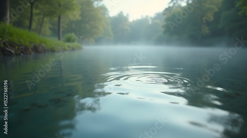 Serene lake scene with mist, surrounded by lush trees. Perfect for nature, tranquility, or environmental themes.