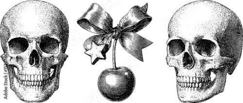 Engraved skull art with bow and cherry for artistic decoration