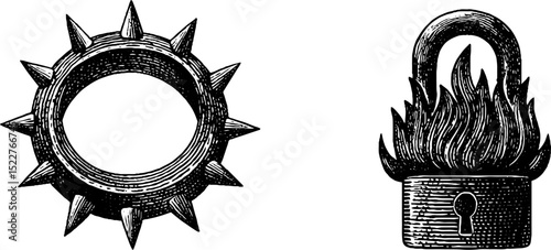 Vintage engraving of spiked collar and lock with flame design for artistic inspirations