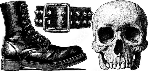 Engraved punk collection illustration. Studded belt, combat boot, skull, and edgy accessories in gothic alternative style.
