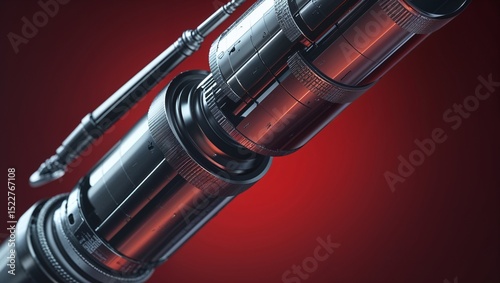 Displaying metal cylinder with knurled rings, etched scales and slender rod in red studio lighting